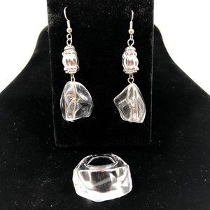 EARRINGS & RING SET - Earrings clear rock look w/ Silver-tone beads. Ring clear.
